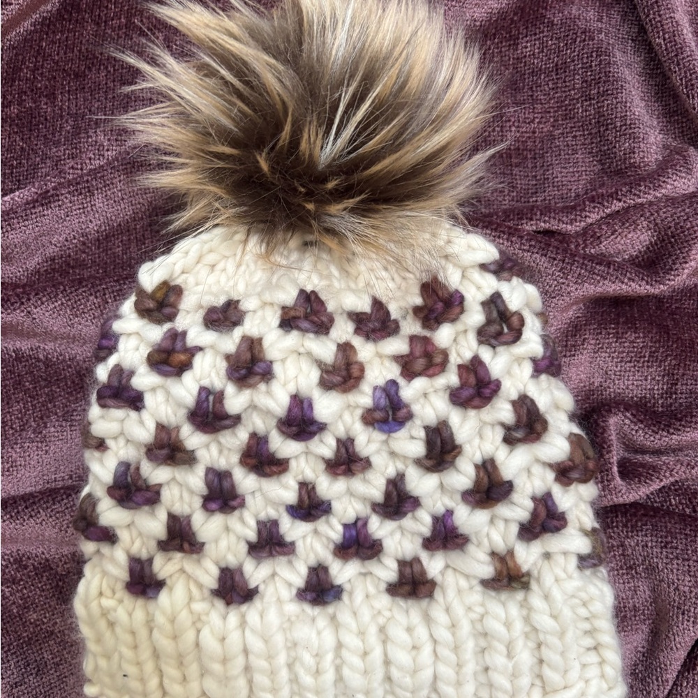 Hand knit Woman’s hat Malabringo Rasta Merino wool with Brown -Removable Pom Pom